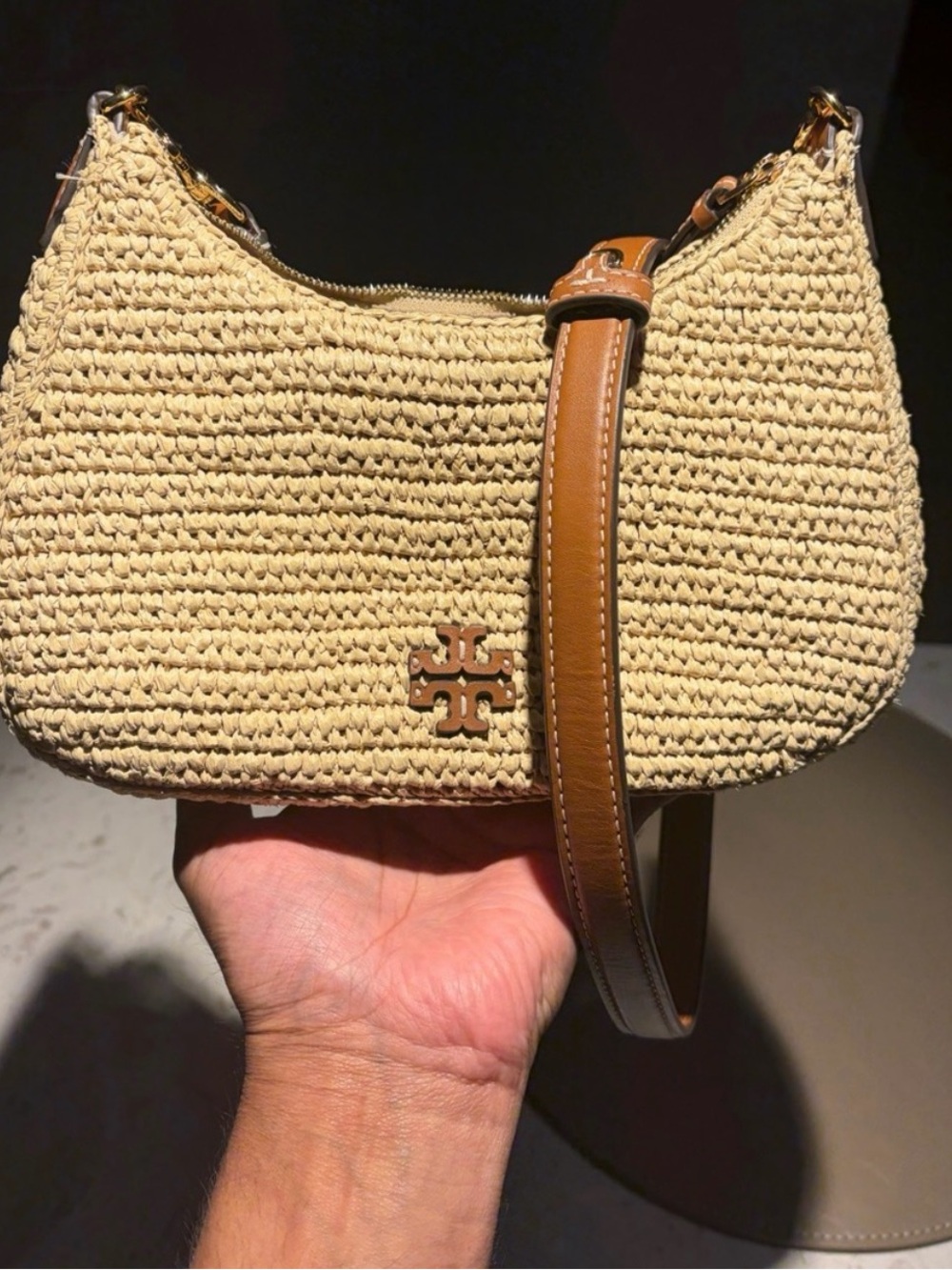 Tory Burch Cream Straw Shoulder Bag with size 10.5 white sneaker shoe